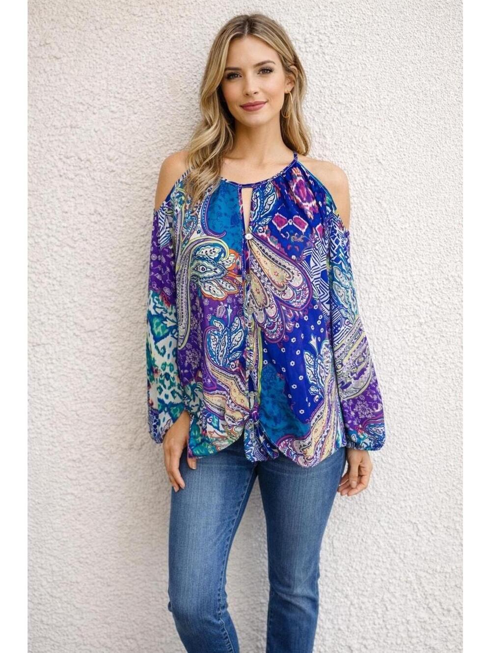 R82 NWT Chicos 2 / Large 24" PTP MSRP $99 Lightweight Cold Shoulder Top R0000082